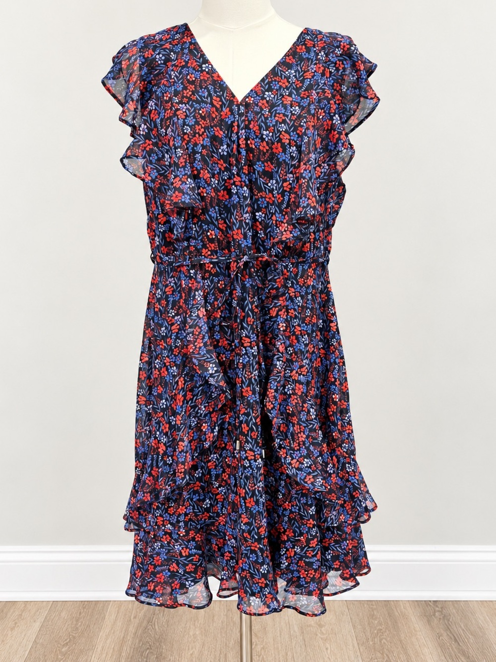 Tommy Hilfiger Floral Chiffon Ruffle Tie Waist Dress Size 16 Navy Red